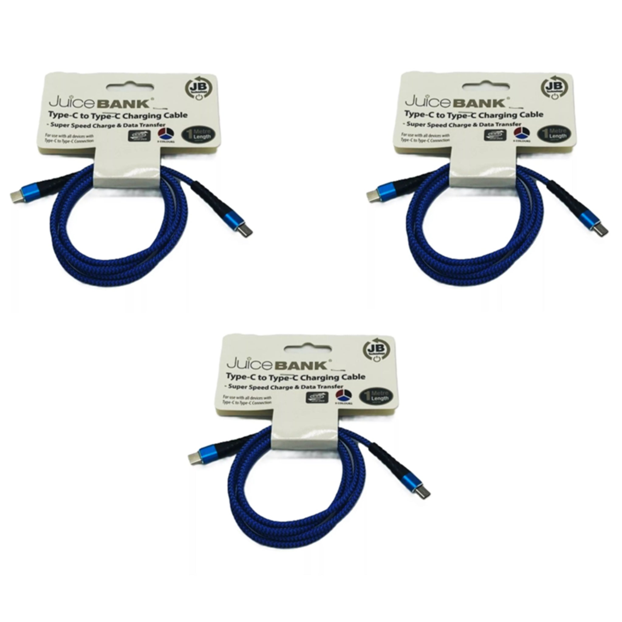 JuiceBank 3 pack USB Type-C to Type-C braided charging cables ā fast charge and data transfer for compatible Android devices, tablets, and laptops